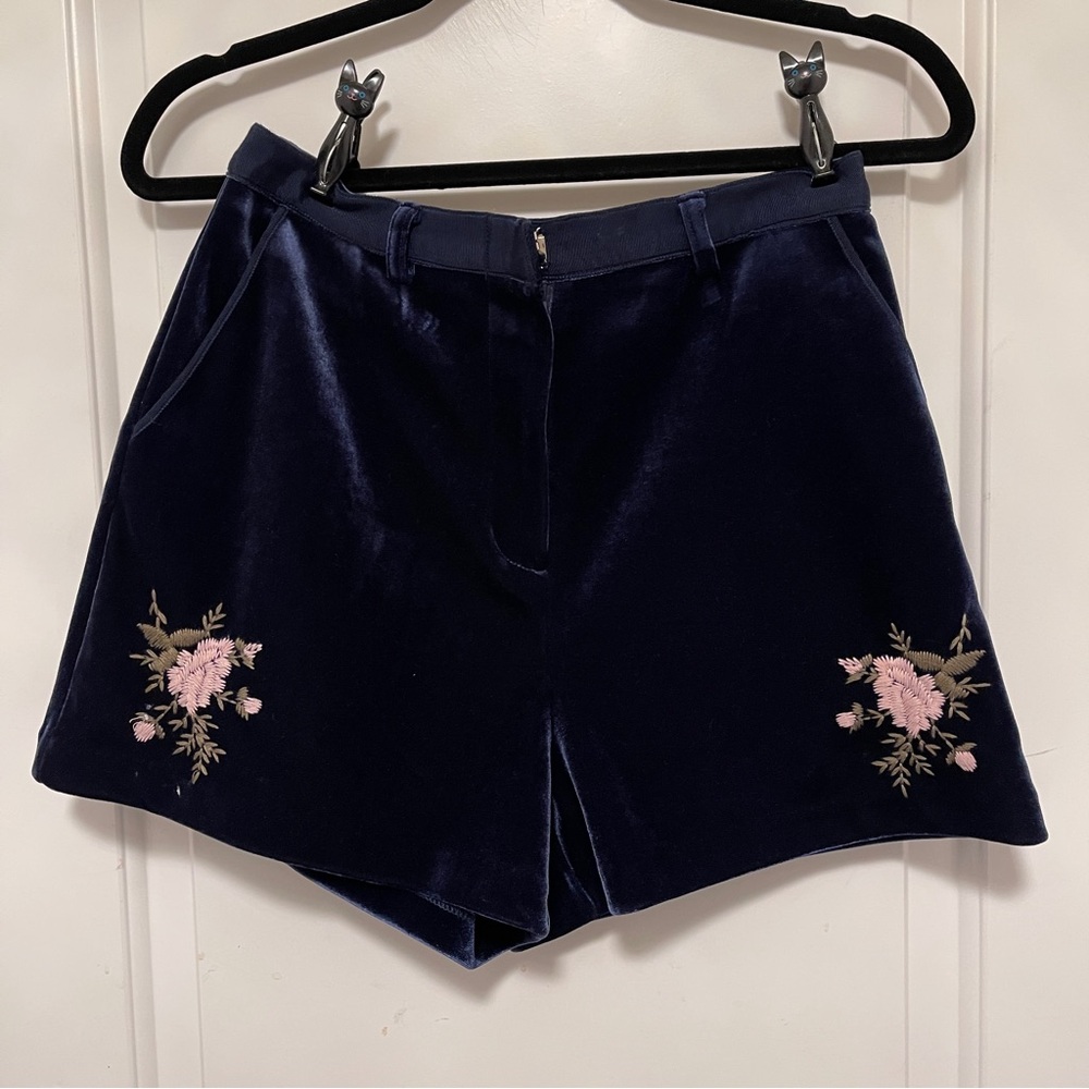 Lauren Conrad Runway Blue Velvet Shorts Floral Embroidered Coquette Boho Size 8 - Picture 3 of 13